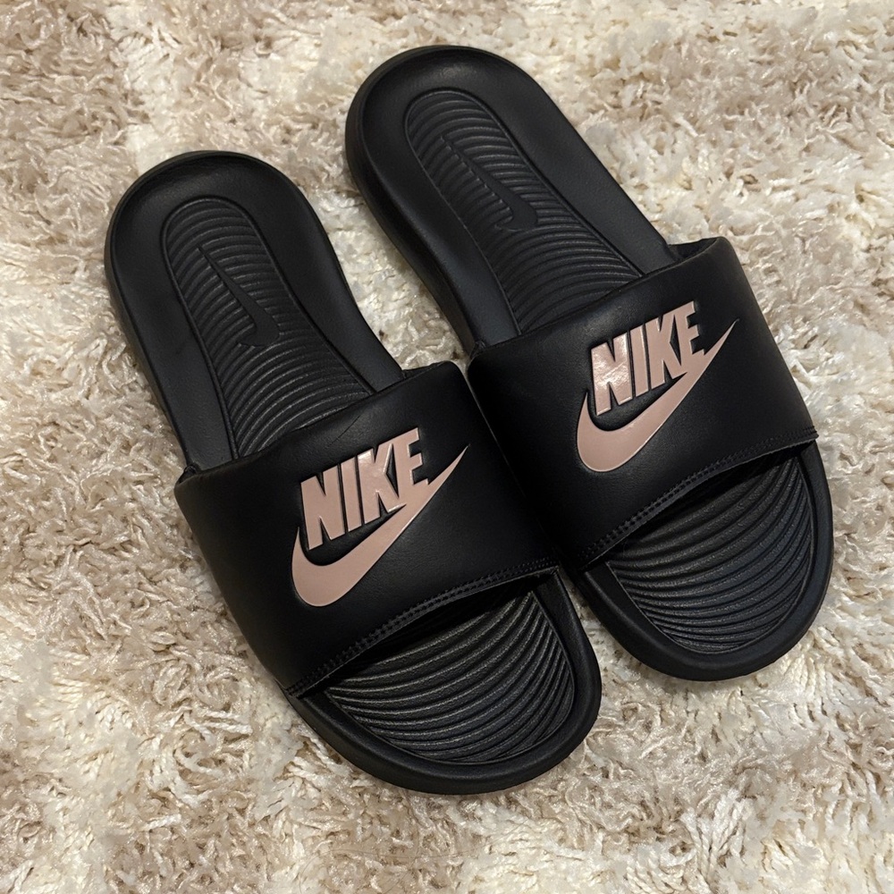 Nike Black Slides with Tan Logo